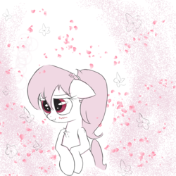 Size: 1024x1024 | Tagged: safe, artist:anonymous, artist:otherdrawfag, oc, oc only, oc:mitsuko, earth pony, pony, :3, asian, asian pony, bipedal, blushing, cherry blossoms, chest fluff, female, floppy ears, holding hooves, ponytail, solo, standing