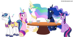 Size: 1030x533 | Tagged: safe, artist:kinrah, princess cadance, princess celestia, princess luna, shining armor, twilight sparkle, alicorn, pony, g4, blushing, bowl, cheek bulge, concave belly, eating, eyes closed, food, ice cream, levitation, magic, open mouth, simple background, sitting, slender, smiling, sweat, table, telekinesis, thin, twilight sparkle (alicorn), wavy mouth, white background