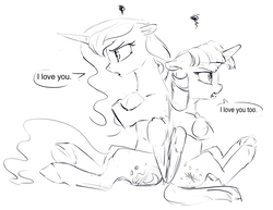 Size: 3300x2550 | Tagged: safe, artist:silfoe, princess luna, twilight sparkle, alicorn, pony, other royal book, g4, angry, black and white, dialogue, female, grayscale, high res, lesbian, monochrome, ship:twiluna, shipping, simple background, sketch, speech bubble, twilight sparkle (alicorn), white background