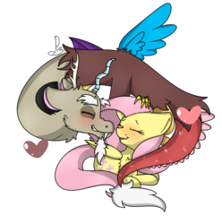 Size: 1072x1081 | Tagged: safe, artist:soundwavepie, discord, fluttershy, draconequus, pegasus, pony, g4, blushing, blushing profusely, boop, bushy brows, commission, couple, duo, eyes closed, female, heart, horns, interspecies, long mane, long tail, lying on the ground, male, noseboop, ship:discoshy, shipping, simple background, straight, transparent background