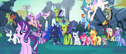 Size: 2523x1080 | Tagged: safe, composite screencap, edit, edited screencap, screencap, applejack, discord, fluttershy, pinkie pie, princess cadance, princess celestia, princess flurry heart, princess luna, rainbow dash, rarity, shining armor, spike, starlight glimmer, thorax, trixie, twilight sparkle, alicorn, changedling, changeling, draconequus, dragon, pony, unicorn, g4, season 6, to where and back again, alicorn pentarchy, angry, cape, changeling king, clothes, colored wings, female, flying, glowing horn, gradient wings, group shot, hat, horn, king thorax, magic, magic aura, male, mane seven, mane six, mare, panorama, stallion, trixie's cape, trixie's hat, twilight sparkle (alicorn)