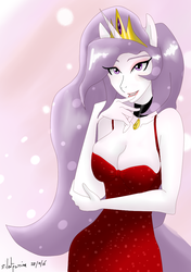 Size: 760x1080 | Tagged: safe, artist:audiomollyreplies, artist:silentpassion, princess celestia, anthro, princess molestia, g4, ambiguous facial structure, anatomically incorrect, breasts, busty princess celestia, cleavage, collar, eyelashes, eyeshadow, fanart, female, lipstick, makeup, solo