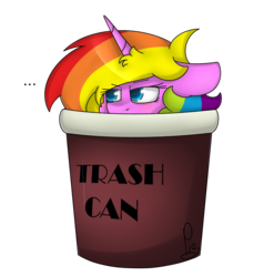 Size: 1140x1200 | Tagged: safe, artist:soundwavepie, oc, oc only, oc:rainbow splash, alicorn, pony, alicorn oc, rainbow hair, simple background, solo, transparent background, trash can