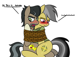 Size: 2000x1456 | Tagged: dead source, safe, artist:radek1212, daring do, doctor caballeron, earth pony, pegasus, pony, g4, backwards cutie mark, blushing, bondage, bound together, embarrassed, female, male, mare, rope, ship:daballeron, shipping, simple background, stallion, straight, tied up, white background