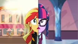 Size: 1600x900 | Tagged: safe, artist:wawtoons, normal norman, sci-twi, scott green, sunset shimmer, twilight sparkle, equestria girls, g4, my little pony equestria girls: friendship games, clothes, deleted scene, duet, glasses, open mouth, scene interpretation, school uniform, singing, split screen, vector, what more is out there