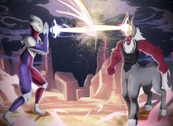 Size: 5369x3918 | Tagged: safe, artist:jeyrablue, lord tirek, centaur, g4, absurd resolution, beam struggle, commission, crossover, fight, spacium beam, ultraman, ultraman tiga, zepperion beam