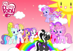 Size: 2806x1944 | Tagged: safe, artist:penelopepussycat, cheerilee (g3), pinkie pie (g3), rainbow dash (g3), scootaloo (g3), starsong, sweetie belle (g3), toola-roola, oc, oc:penelope, g3, g3.5, core seven, my little pony logo