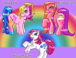 Size: 1105x850 | Tagged: safe, artist:bast-incarnation, blossomforth (g3), rainbow flash, toola-roola, g3, cute, g3 adoraforth, misspelling, rainbaww flash, roolabetes