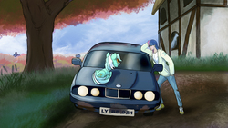 Size: 2870x1614 | Tagged: safe, artist:aaronmk, bon bon, lyra heartstrings, sweetie drops, human, pony, unicorn, g4, autumn, behaving like a cat, bmw, bon bon is not amused, car, cute, dirt, eye contact, frown, glare, grin, house, humanized, looking at each other, lyrabetes, mud, prone, smiling, squee, tree, unamused