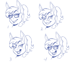 Size: 947x826 | Tagged: safe, artist:blessed bea, oc, oc only, oc:titty sprinkles, bat pony, pony, face, freckles, glasses, ponytail, sketch