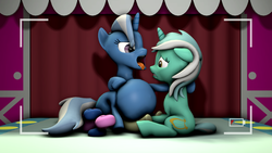 Size: 1920x1080 | Tagged: safe, artist:optica, bon bon, lyra heartstrings, sweetie drops, trixie, pony, unicorn, g4, 3d, anal vore, belly, camera, female, fetish, imminent vore, mare, open mouth, sitting, tongue out, trixie predamoon, vore