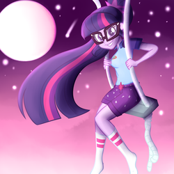 Size: 1024x1024 | Tagged: dead source, safe, artist:wubcakeva, sci-twi, twilight sparkle, equestria girls, g4, my little pony equestria girls: legend of everfree, clothes, cute, female, full moon, missing shoes, shooting star, shorts, smiling, socks, solo, swing, twiabetes