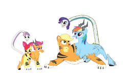 Size: 2237x1379 | Tagged: safe, artist:theunknowenone1, apple bloom, applejack, rainbow dash, rarity, scootaloo, sweetie belle, big cat, chimera, goat, snake, tiger, g4, chimerafied, conjoined, cutie mark crusaders, fusion, multiple heads, rainbow goat, rarisnake, scootagoat, sisters, snakie belle, species swap, the ultimate cutie mark crusader, three heads, tiger bloom, tigerjack