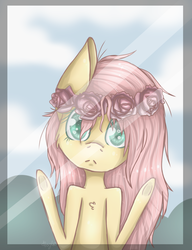 Size: 2394x3125 | Tagged: safe, artist:allyson11232, fluttershy, g4, against glass, chest fluff, female, floral head wreath, glass, heart eyes, high res, looking at you, solo, underhoof, window, wingding eyes