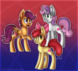 Size: 1024x925 | Tagged: safe, artist:y-nik, apple bloom, scootaloo, sweetie belle, g4, cutie mark, cutie mark crusaders, older, the cmc's cutie marks