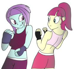 Size: 769x716 | Tagged: safe, artist:toyminator900, majorette, sunny flare, sweeten sour, equestria girls, g4, boxing, clothes, exeron fighters, exeron gloves, midriff, mma, sports bra, tank top