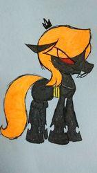 Size: 675x1200 | Tagged: safe, artist:gh0st, derpibooru exclusive, oc, oc only, oc:chip bobowski, changeling, blonde, changeling oc, crown, fangs, jewelry, orange changeling, pencil drawing, red eyes, regalia, solo, traditional art