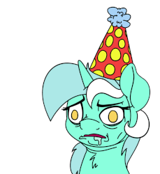 Size: 750x818 | Tagged: safe, artist:witchtaunter, lyra heartstrings, human, pony, g4, animated, brain damage, bust, catatonic, celebration, chest fluff, dead stare, derp, drool, faic, female, gif, hand, hat, intelligence loss, mindless, no pupils, noisemaker, offscreen character, open mouth, party hat, party horn, portrait, simple background, thousand yard stare, white background
