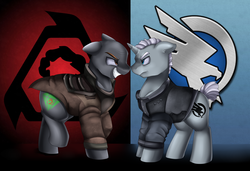 Size: 3509x2400 | Tagged: safe, artist:pridark, oc, oc:general ironsides, earth pony, pony, unicorn, fanfic:green sun, brotherhood of nod, clothes, command and conquer, confrontation, crossover, duo male, eye contact, fanfic, fanfic art, floppy ears, frown, glare, global defense initiative, grin, high res, kane, looking at each other, male, ponified, raised leg, smiling, smirk, uniform