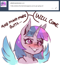 Size: 579x620 | Tagged: safe, artist:lunarmarshmallow, twilight sparkle, alicorn, pony, cold blooded twilight, g4, ask, butts, dialogue, female, grin, lidded eyes, nose wrinkle, smiling, smirk, solo, spread wings, tumblr, twilight sparkle (alicorn), wingboner