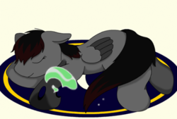 Size: 444x300 | Tagged: safe, artist:onyxpenstroke, derpibooru exclusive, oc, oc only, oc:onyx penstroke, changeling, pegasus, pony, changeling oc, colored wings, colored wingtips, eyes closed, floppy ears, lying down, missing cutie mark, prone, rug, simple background, sleeping, smiling, solo, transformation
