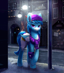 Size: 616x700 | Tagged: safe, artist:rodrigues404, oc, oc only, oc:wish, pegasus, pony, 2016, animated, cinemagraph, clothes, female, gif, looking at you, mare, night, nightime, pegasus oc, scarf, smiling, snow, snowfall, snowflake, solo, street, striped scarf, winter