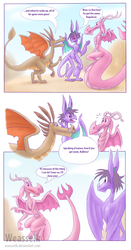 Size: 627x1200 | Tagged: safe, artist:weasselk, ballista, barry, prominence, dragon, g4, comic, commission, cute, diaballista, dialogue, impossibly long tail, long tail, open mouth, promibetes, smiling, spread wings