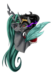 Size: 1024x1476 | Tagged: safe, artist:crecious, king sombra, queen chrysalis, changeling, changeling queen, pony, unicorn, g4, bust, female, lidded eyes, male, open mouth, portrait, ship:chrysombra, shipping, simple background, smiling, spread wings, straight, transparent background, unholy matrimony, watermark