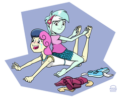 Size: 1500x1200 | Tagged: safe, artist:coffeeburger, bon bon, lyra heartstrings, sweetie drops, equestria girls, g4, barefoot, blushing, boots, clothes, crying, dress, feet, female, foot fetish, laughing, lesbian, open mouth, ship:lyrabon, shipping, shoes, smiling, socks, tears of laughter, tickling