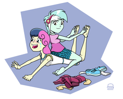 Size: 1500x1200 | Tagged: safe, artist:coffeeburger, bon bon, lyra heartstrings, sweetie drops, equestria girls, g4, barefoot, blushing, boots, clothes, crying, dress, duo, feet, female, foot fetish, laughing, lesbian, open mouth, ship:lyrabon, shipping, shoes, smiling, socks, tears of laughter, tickling