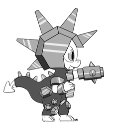 Size: 1280x1385 | Tagged: safe, artist:pabbley, spike, dragon, g4, arm cannon, armor, male, monochrome, simple background, solo, white background