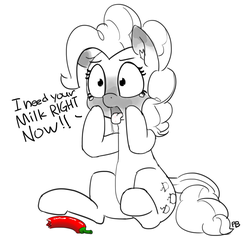 Size: 1280x1275 | Tagged: safe, artist:pabbley, pinkie pie, g4, chili pepper, chilli, crying, dialogue, drool, female, food, grayscale, monochrome, open mouth, out of context, partial color, pepper, ponk, red peppers, simple background, sitting, solo, spicy, tongue out, white background, wide eyes