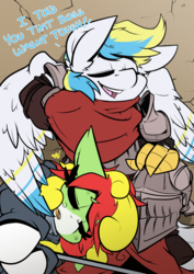 Size: 1204x1705 | Tagged: safe, artist:bbsartboutique, oc, oc only, oc:cirrus sky, oc:mango tango, earth pony, hippogriff, original species, pony, armor, dark souls, exhausted, helmet, relaxing, signature, smiling, spread wings, talons, tired, video game