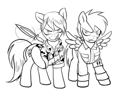Size: 2888x2121 | Tagged: safe, artist:miszasta, artist:sharpysaber, oc, oc only, oc:shadow moon, oc:sharpysaber, pegasus, pony, angry, argentina, argentina is white, belt, black and white, british, camouflage, cute, duo male, evil grin, fascist, grayscale, grin, high res, knife, knife flip, lineart, male, mercenary, military uniform, monochrome, remove kebab, scowl, sketch, smiling, straight, waffen-ss, wrong neighborhood