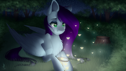 Size: 1920x1080 | Tagged: safe, artist:silentwulv, oc, oc only, firefly (insect), pegasus, pony, forest, night, smiling