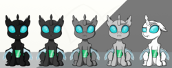 Size: 2000x800 | Tagged: safe, artist:arcuswind, changeling, :3, albino, cute, cuteling, fangs, floppy ears, frown, looking at you, one of these things is not like the others, raised eyebrow, sitting, smiling, white changeling