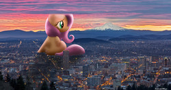 Size: 9000x4747 | Tagged: safe, artist:flutterbatismagic, fluttershy, pegasus, pony, g4, absurd resolution, city, cityscape, concerned, crossover, female, giant pony, giantess, giantshy, highrise ponies, irl, macro, mare, mountain, oregon, photo, ponies in real life, portland, scenery, sunrise, sunset