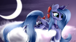 Size: 2560x1440 | Tagged: safe, artist:aurelleah, princess luna, alicorn, pony, g4, bow, cheek fluff, chest fluff, cloud, crescent moon, cute, ear fluff, female, fluffy, hair bow, happy, long mane, long tail, looking down, lunabetes, mare, moon, night, on a cloud, prone, s1 luna, smiling, solo, starry mane, stars, tail bow