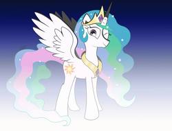 Size: 960x732 | Tagged: safe, artist:pierodraw, princess celestia, g4, female, gradient background, one eye closed, smiling, solo, spread wings, wink