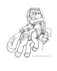 Size: 720x894 | Tagged: safe, artist:texasuberalles, derpibooru exclusive, cherry berry, earth pony, pony, fanfic:changeling space program, g4, astronaut, crossover, extend-o-matic series a1 deployable flag, fanfic, fanfic art, grayscale, jetpack, kerbal space program, monochrome, simple background, sketch, solo, spacesuit, white background