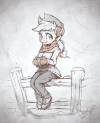 Size: 732x900 | Tagged: safe, artist:assasinmonkey, applejack, anthro, plantigrade anthro, g4, bundled up, clothes, cowboy hat, cup, drink, earmuffs, female, fence, hat, mittens, monochrome, pants, shoes, signature, sitting, solo, stetson, winter outfit