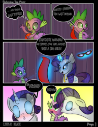 Size: 1275x1650 | Tagged: safe, artist:lennonblack, rarity, spike, dragon, pony, unicorn, comic:returning the favor, g4, blushing, cheek kiss, comic, dialogue, explicit source, eyes closed, fabric, female, glasses, kissing, magic, male, measuring tape, needle, rarity's glasses, ship:sparity, shipping, speech bubble, straight