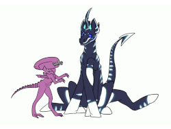Size: 800x600 | Tagged: safe, artist:joepegasus, oc, oc only, oc:xex, alien, pony, unicorn, xenomorph, animated, bioluminescent, blue skin, fanges, gif, horns, long tail, long tongue, multiple ears, multiple eyes, multiple legs, multiple limbs, open mouth, purple skin, raised hoof, simple background, sitting, smiling, stripes, tail, tongue out, white background