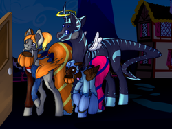 Size: 1280x960 | Tagged: safe, artist:joepegasus, oc, oc only, oc:joe pegasus, oc:rimmi, oc:xex, alien, angel, monster pony, pegasus, pony, unicorn, blue skin, clothes, cosplay, costume, halloween, halo, harley quinn, long tail, mega man (series), multiple eyes, multiple legs, multiple limbs, stripes, tail