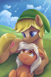 Size: 3600x5400 | Tagged: safe, artist:ardail, quarter hearts, earth pony, pony, g4, :p, chest fluff, cloud, colored pupils, cuddling, cute, daaaaaaaaaaaw, duo, ear fluff, epona, eponadorable, epony, eye contact, female, field, floppy ears, fluffy, grass, hat, lidded eyes, link, looking at each other, male, mare, on back, ponified, precious, prone, quarterbetes, resting, scenery, smiling, stallion, the legend of zelda, tongue out, unshorn fetlocks