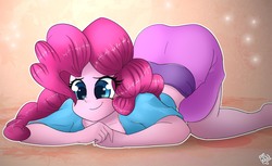 Size: 2934x1797 | Tagged: safe, artist:ohiekhe, pinkie pie, human, equestria girls, g4, ass up, barefoot, clothes, colored pupils, cute, diapinkes, eye clipping through hair, face down ass up, feet, female, midriff, skirt, skirt lift, smiling, solo