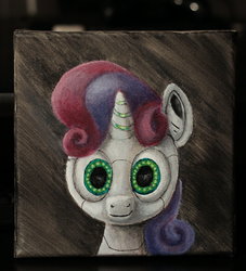 Size: 1280x1408 | Tagged: safe, artist:horseez, sweetie belle, pony, robot, robot pony, unicorn, g4, acrylic painting, bust, female, filly, foal, horn, looking at you, paint, portrait, solo, sweetie bot, traditional art