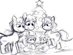 Size: 800x600 | Tagged: safe, artist:danteante, oc, oc only, oc:bizarre song, oc:cube song, oc:nahuelin, oc:nahuelina, oc:spark song, pegasus, plant pony, pony, unicorn, bizalina, brother and sister, christmas, christmas lights, christmas tree, daughter, family, father, father and daughter, father and son, female, filly, foal, gift wrapped, happy, looking down, monochrome, mother, mother and daughter, mother and son, parent:oc:bizarre song, parent:oc:nahuelina, parents:bizalina, plant, present, sketch, son, tree