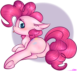 Size: 3484x3236 | Tagged: safe, artist:ashee, pinkie pie, earth pony, pony, abstract background, balloonbutt, blushing, butt, chest fluff, circle background, cute, diapinkes, ear fluff, female, frog (hoof), mare, plot, profile, prone, rear view, shiny, solo, tongue out, underhoof