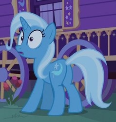 Size: 324x340 | Tagged: safe, screencap, trixie, pony, unicorn, g4, to where and back again, butt, cropped, female, mare, open mouth, plot, solo, wide eyes